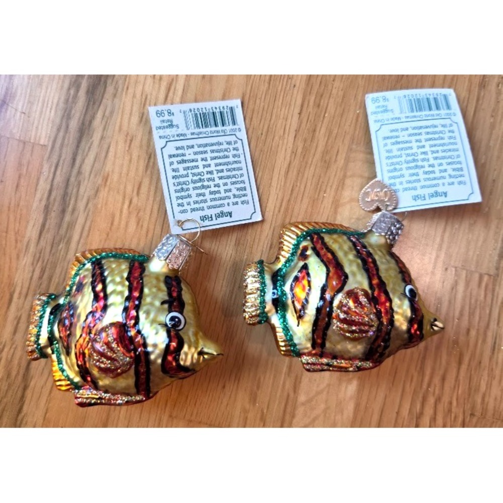 NWT Vintage Set 2 Old World Christmas Ornaments Blown Glass Angel Fish NOS Beach